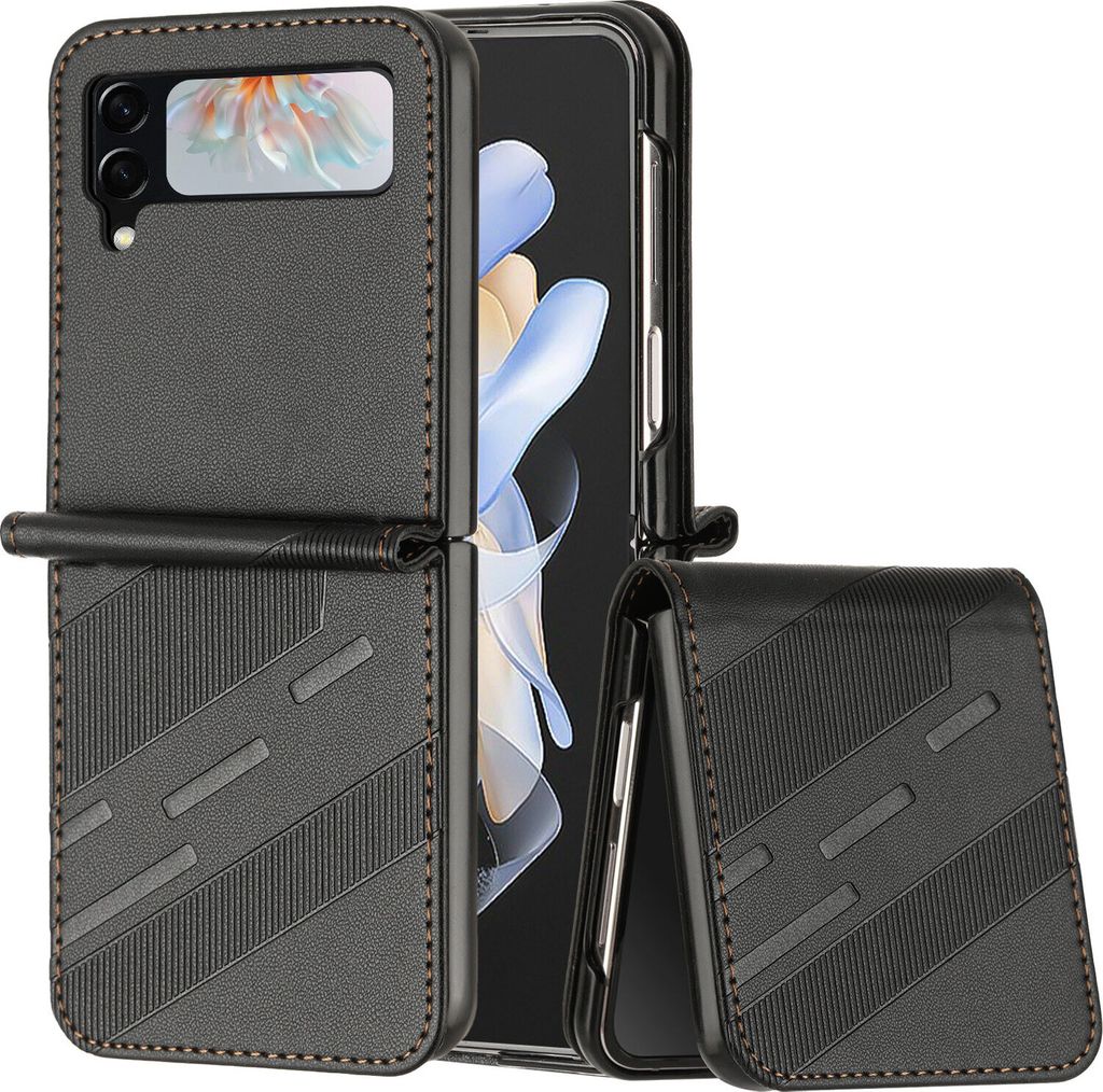 Hülle für Samsung Galaxy Z Flip 4, Kunstleder Brieftaschen Handyhülle mit Kartenfach und Standfunktion Schwarz