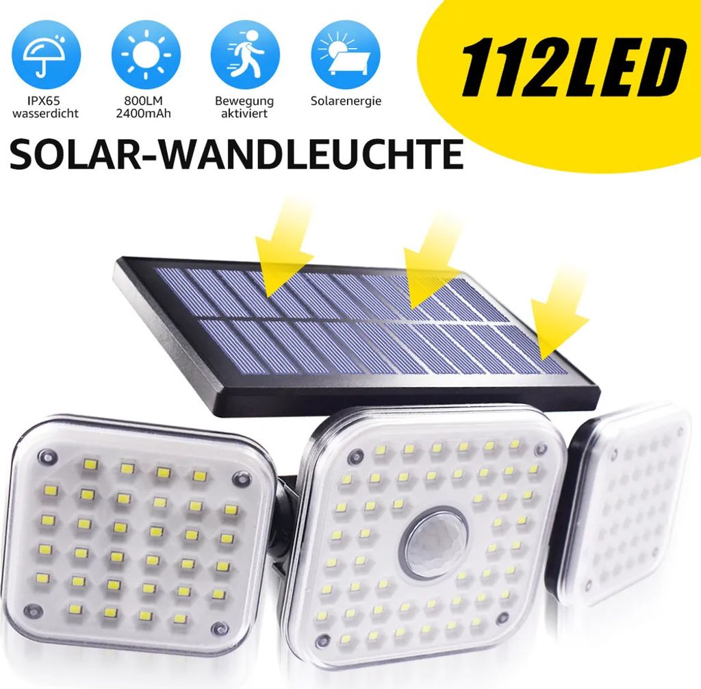 112LED Solarleuchte mit Bewegungsmelder Solarstrahler Außen Produktbild 1