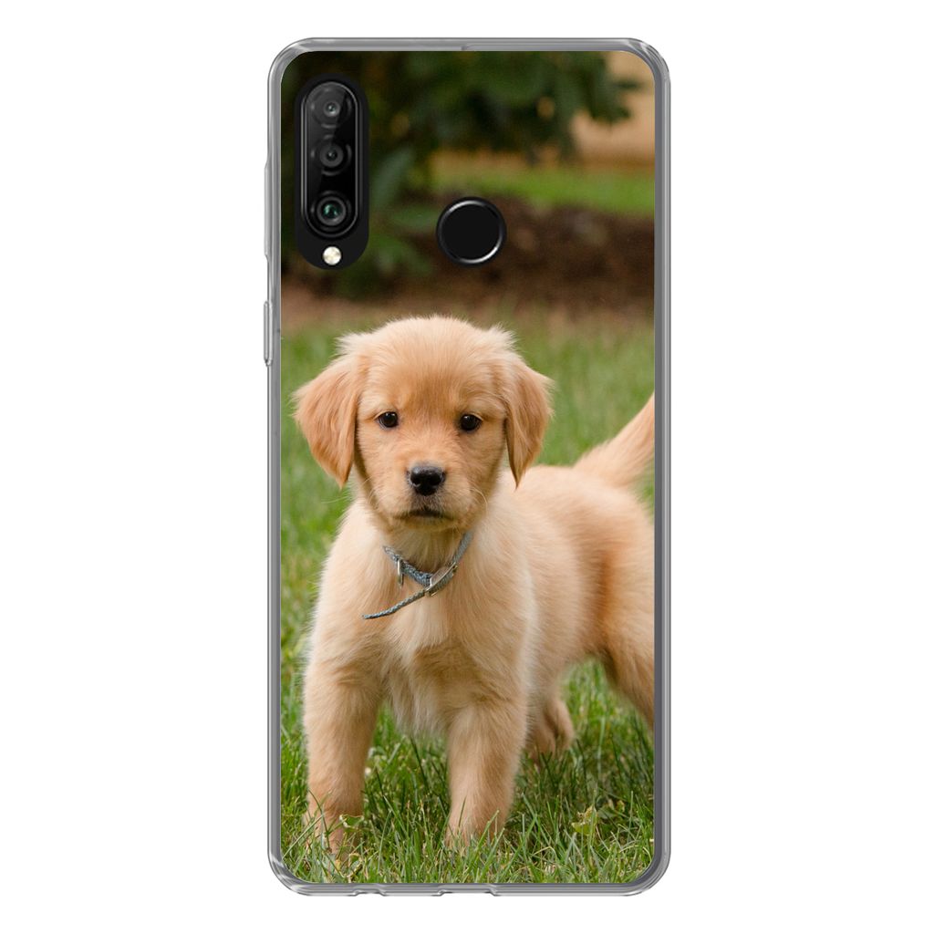 MuchoWow Handyhülle Schutzhülle Hülle für Huawei P30 Lite Golden Retriever Welpe im grünen Gras Silikon Softcase Handy Hülle - Handyhülle
