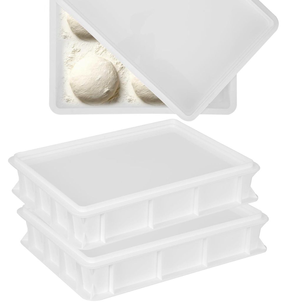 Pizzateigbox mit Deckel, Kunststoffboden für Pizzablech, stapelbares Tablett, Gärschrank für Pizzablech, Brotteig, Pastaig, 30 x 40 x 7,5 cm, weiß