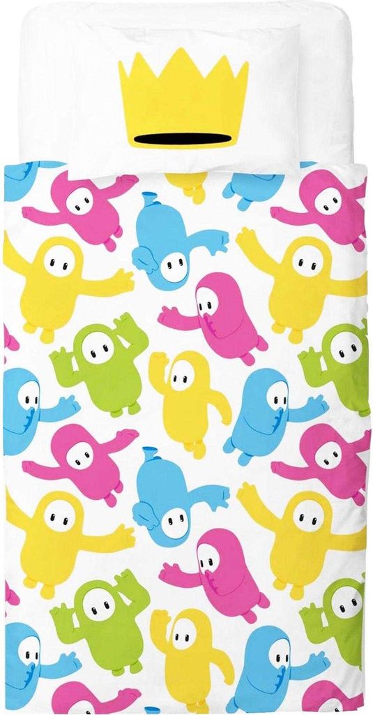A flat lay of a duvet cover and pillowcase with a repeating pattern of colorful Fall Guys characters and a yellow crown on the pillowcase.