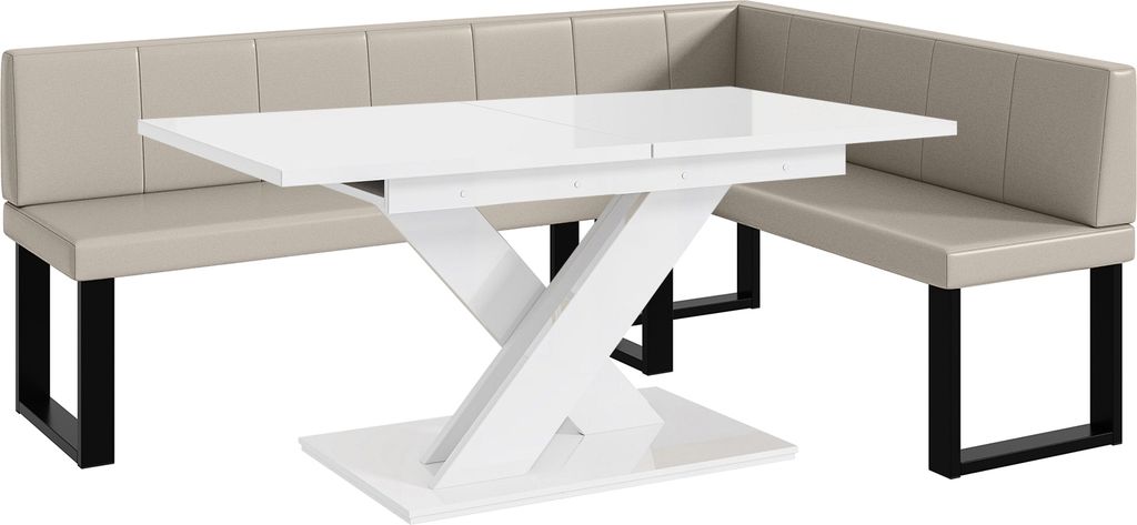 MEBLINI Eckbank für Esszimmer mit ausziehbarem Tisch - Küchenbank - Essecke - Sitzecke Küche - PETER - U-Beine 142x196x87cm Rechts - Beige Kunst...