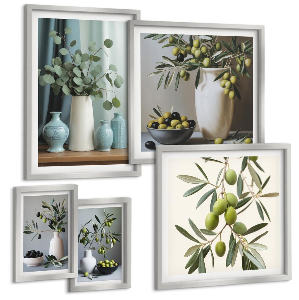 Bilder Set 5-teilig im silbergerahmten Rahmen – Wandbilder 5 Stück – gerahmte Poster für Wohnzimmer, Schlafzimmer und Flur – 50x50 cm - 40x...