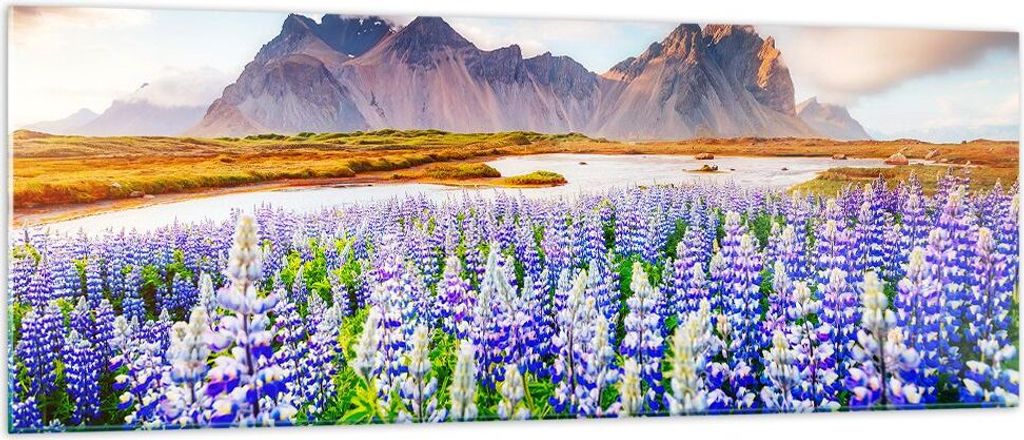 Bilder auf glas - Berge Wiese Blumen - 140x50cm - Glasbilder - Wandbilder - Kunstdruck - zum Aufhängen bereit - Wanddekoration aus Glas - Glas Bil...