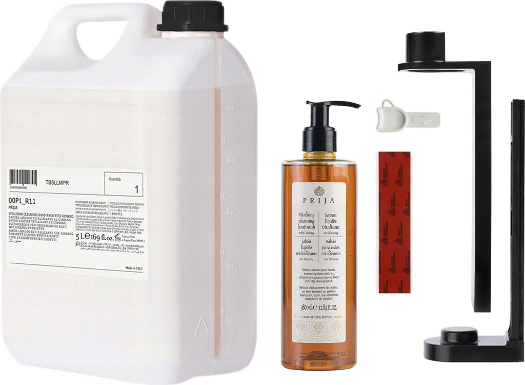 PRIJA Badezimmer-Set: schwarzer Flaschenhalter, Flüssigseife mit Ginseng 380ml + 5l Vorrat