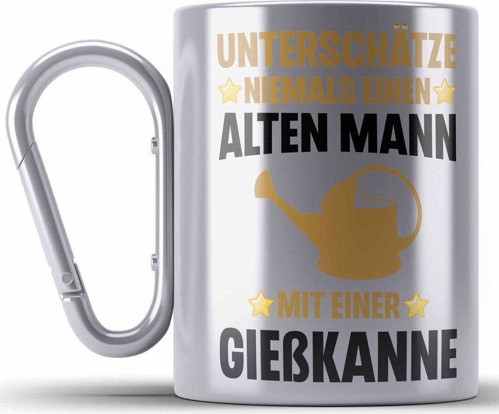 Trendation - Alter Mann Gärtner Edelstahl Tasse Karabiner mit Spruch Garten Hobbygärtner Geschenk Lustig (Silber)