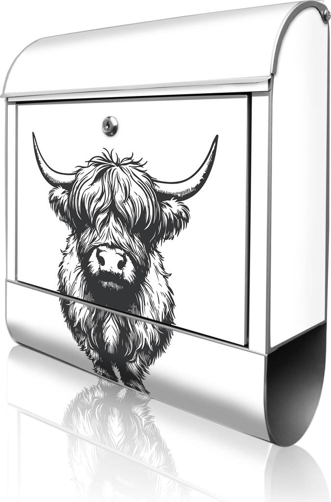 banjado Design Briefkasten Stahl silber mit Zeitungsfach pulverbeschichtet "Hochlandrind" 38x46x12,5cm & 2 Schlüssel - Postkasten A4 Einwurf inkl....