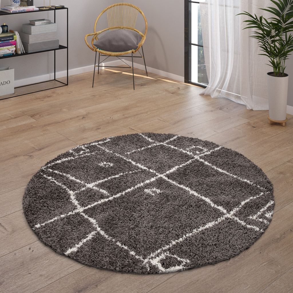 Hochflor Teppich Wohnzimmer Shaggy Skandinavisch Fransen Flauschig Modern Grösse 120 cm Rund