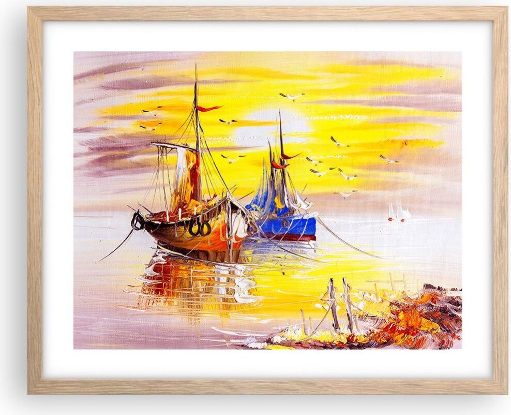 Gerahmtes Poster - Rahmen in heller Eiche - Boote Sonne Meer Reisen - 50x40 cm - Wand Bild - Wanddeko - Wandbilder - Wandposter - Bilderrahmen - Bi...