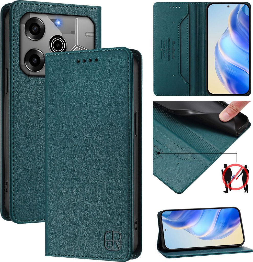 Lederhülle für Tecno Spark 6 Go/Spark Go 2020/Spark Go 2021 Hülle Flip Brieftasche Kartenfächern Ständer Schutzhülle Dunkelgrün