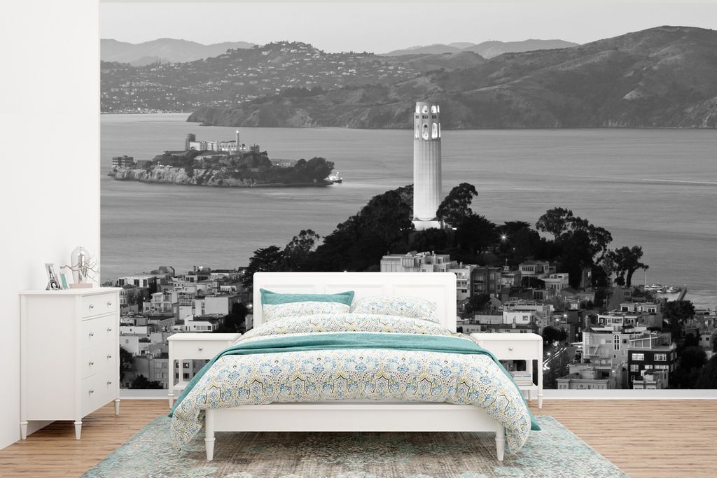 MuchoWow Fototapete für Wohnzimmer oder Schlafzimmer Wandtapete Vinyl Motivtapete San Francisco mit Alcatraz im Hintergrund in Schwarz und Weiß...