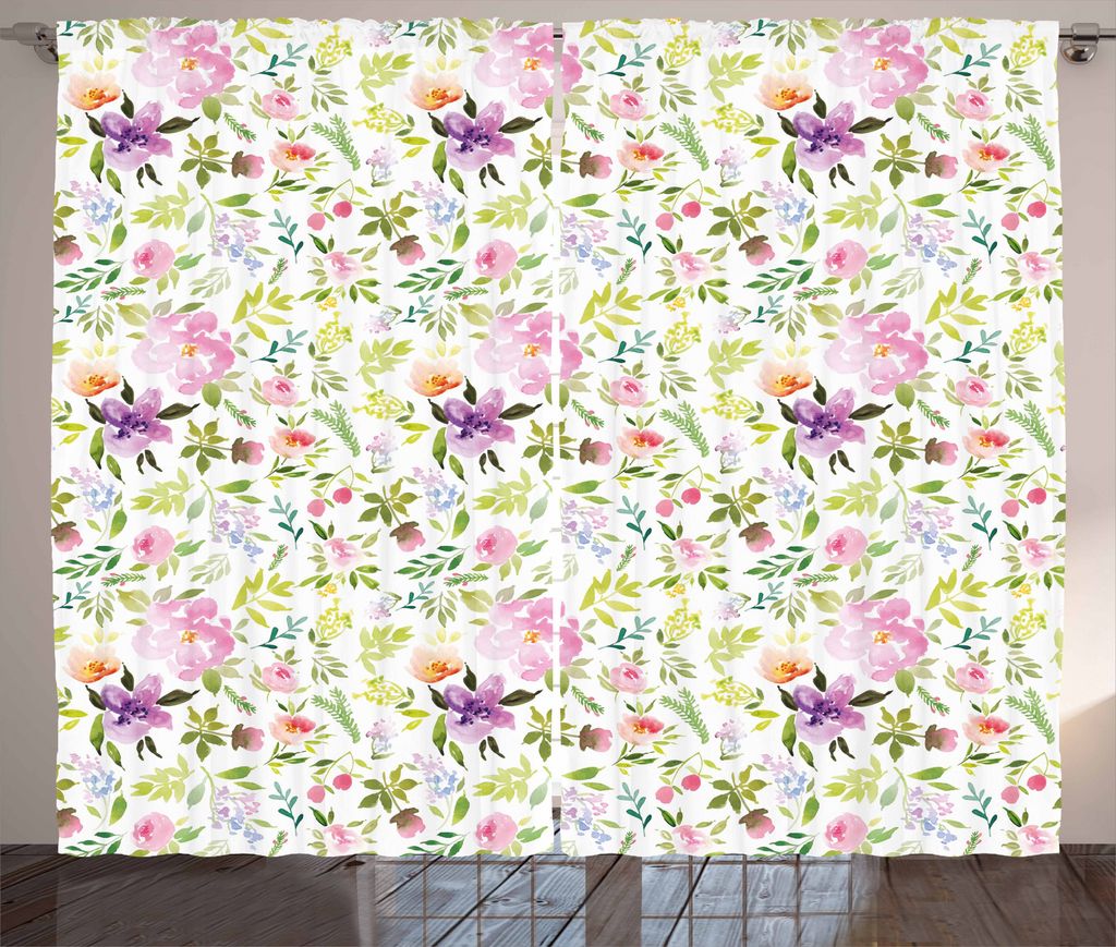 ABAKUHAUS Aquarell Rustikaler Vorhang, Sanfte Frühlings-Blumen, Wohnzimmer Universalband Gardinen mit Schlaufen und Haken, 280 x 175 cm, Mehrfarbig