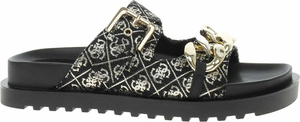 A single black Guess Fatema Pantolette sandal with gold chain detail and a patterned strap.