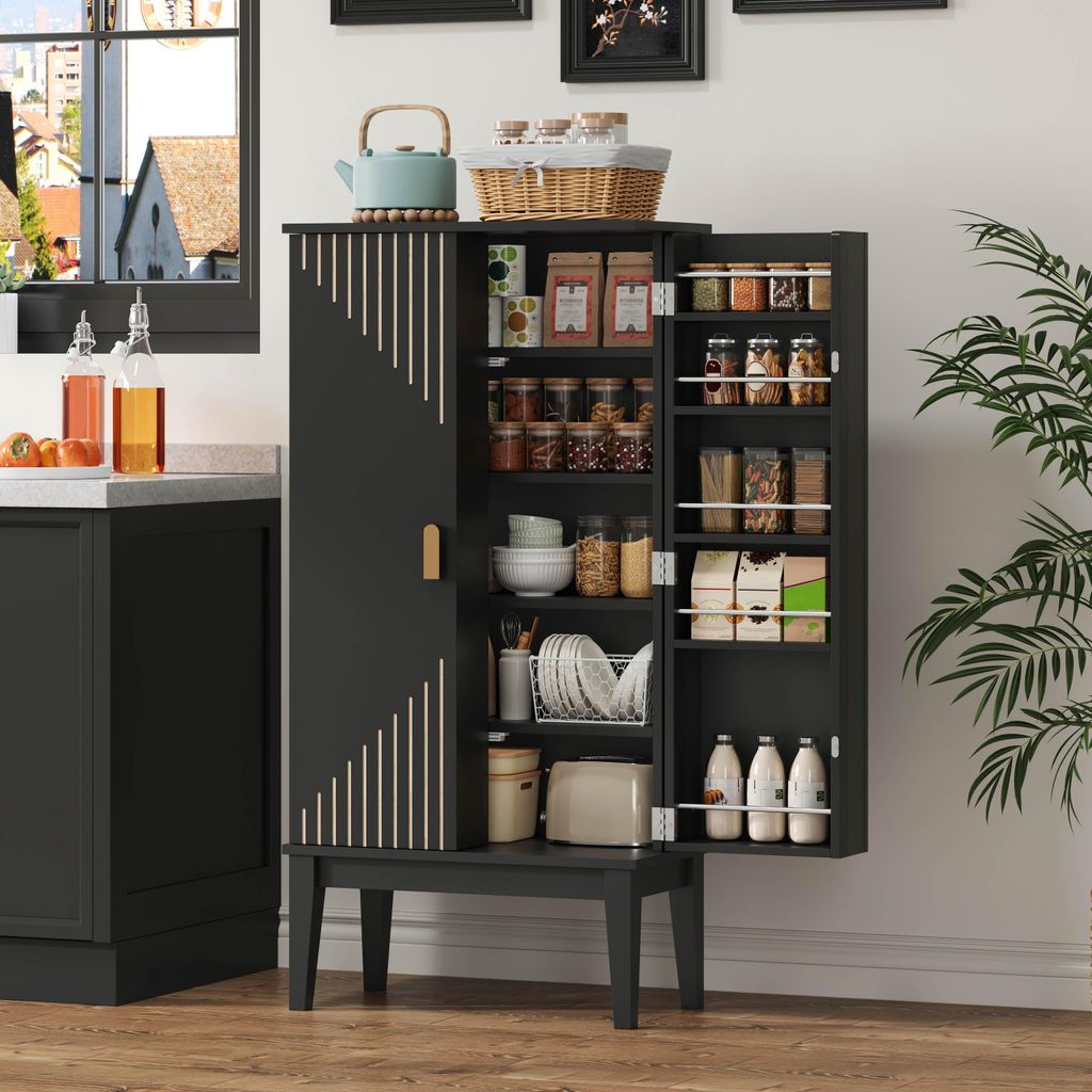 MODFU Sideboard,Aufbewahrungsschrank Stauraum Schmaler Schrank Mit Zwei Türen Mit Fünf Regalfächern Für Küche Und Flur,Schwarz