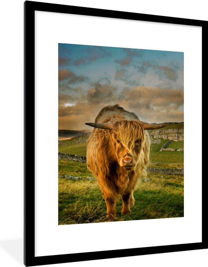 MuchoWow Gerahmtes Poster Schottischer Highlander - Gras - Berg 60x80 cm - Poster mit Schwarzem Bilderrahmen Wandposter Rahmen Foto Bilder - Wohn...