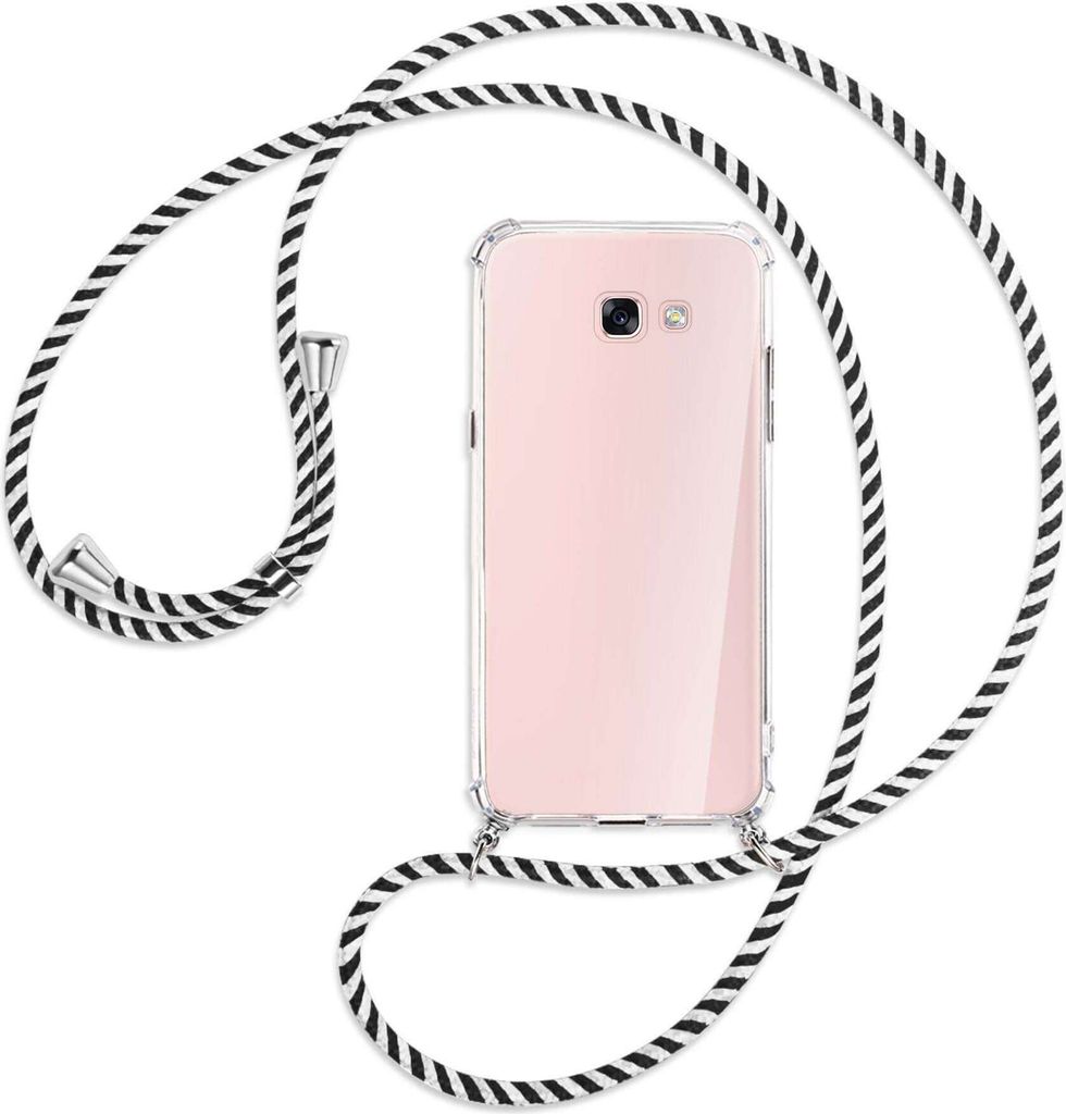 Handykette Backcover-Schutzhülle mit Band (Metall silberfarben) für Samsung Galaxy A7 2017 - schwarz/weiß gestreift
