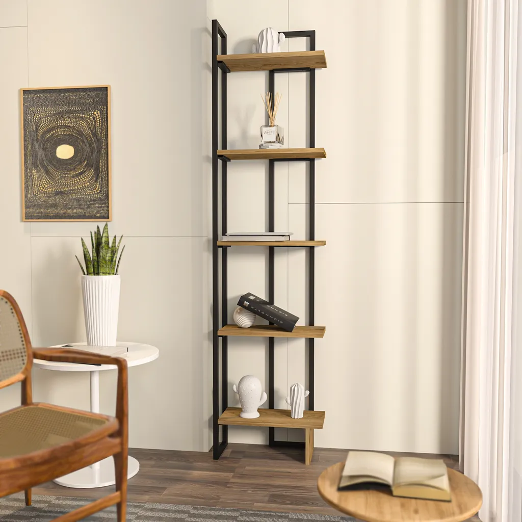 Bibliothèque d'angle Alice 180cm, Meuble de Rangement Noir et Chêne Oud