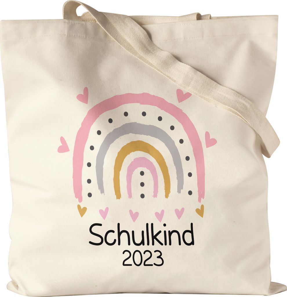Schulkind 2023 Jutebeutel Stoffbeutel Canvas Einschulungsgeschenk Grundschule 1. Klasse Mädchen Motiv Herzchen