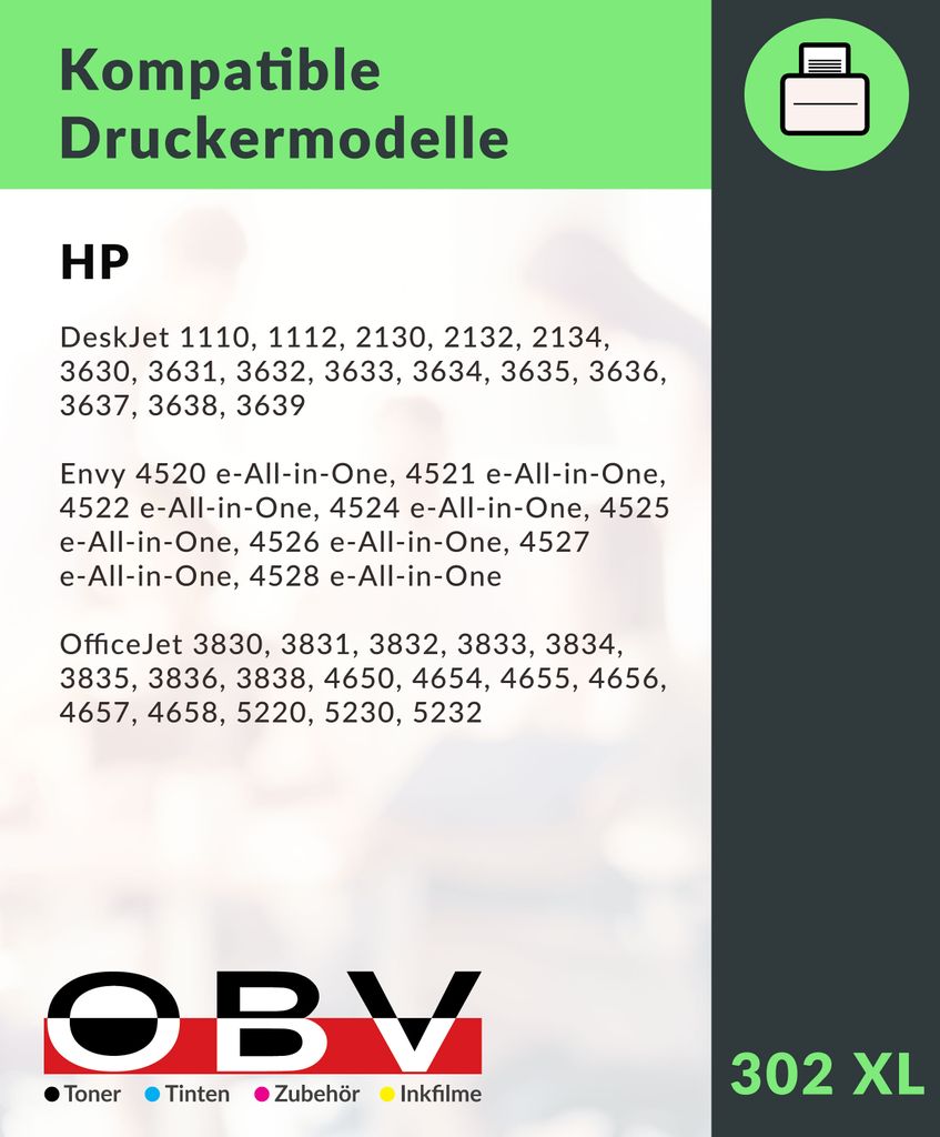 OBV Kompatibles Druckerpatronen Sparset für HP 302XL für DeskJet 1110 2130 3630 Envy 4520 OfficeJet 3830 4650