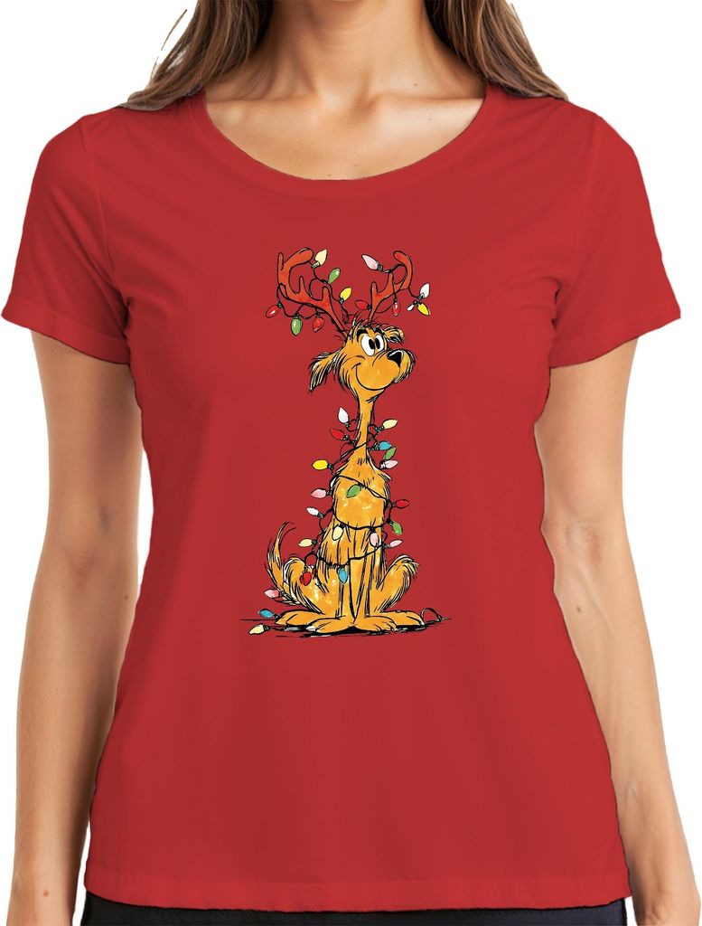 Weihnachtshund Rentier Lichterkette Lustig Geschenk Familie Retro Damen T-Shirt, Rot, L