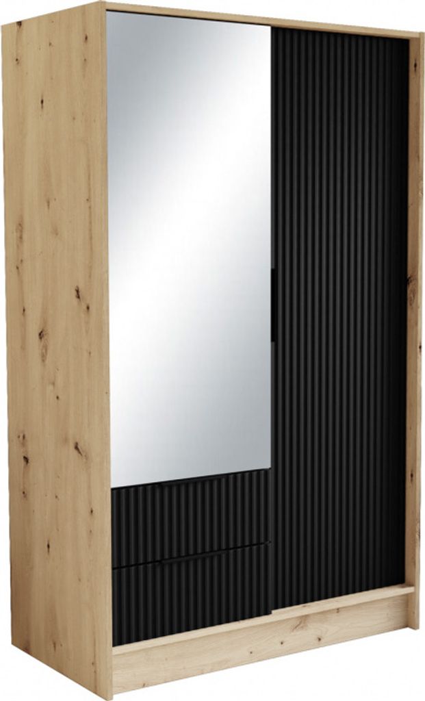 Drehtürenschrank NOEMI, 2-türig Kleiderschrank mit 2 Schubladen, und Spiegel, Moderne Garderobe, Schrank Größe: 102 x 200 x 51 cm