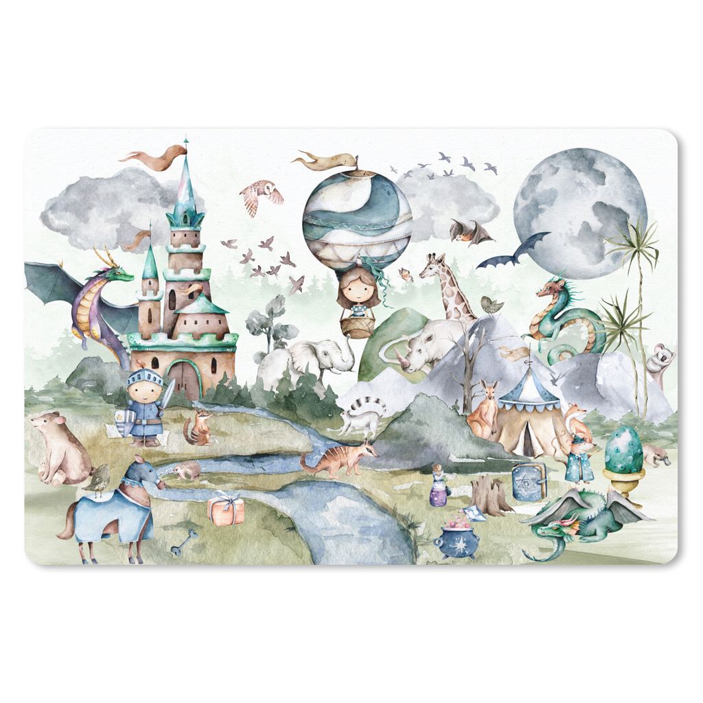 MuchoWow Schreibtischunterlage Kinder - Heißluftballon - Drache - Jungen - Burg - Aquarell 60x40 cm - XXL Mauspad - Großes Mauspad
