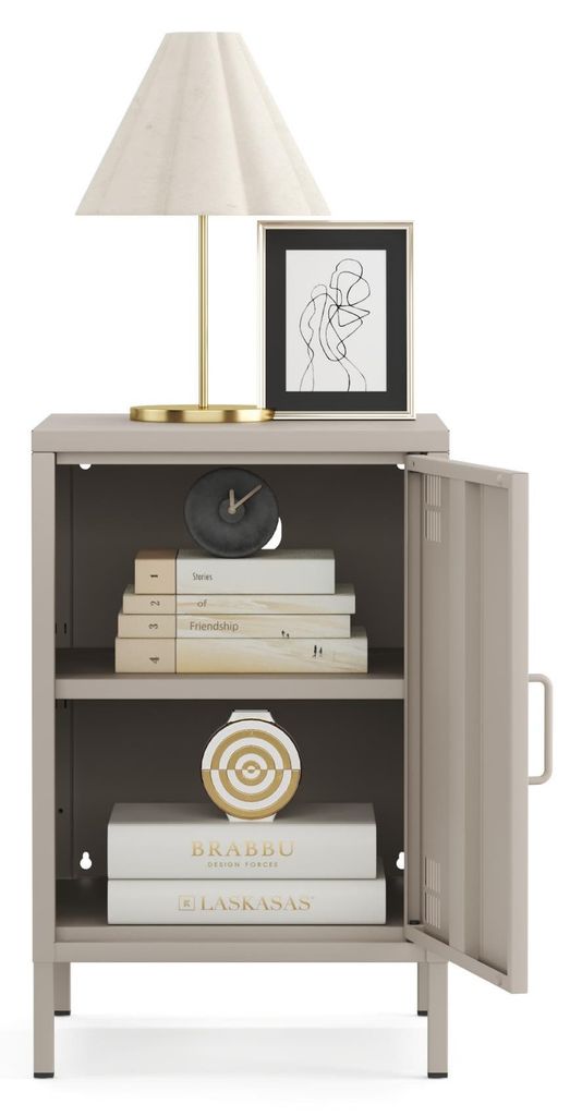 Furni24 Pera Metall Nachtschrank – Kommode aus Metall im Retro Design – Sideboard mit Aufbewahrung – für Schlafzimmer & Wohnzimmer – Beige