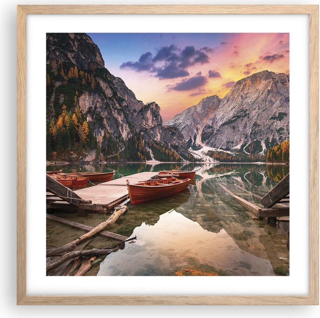 Gerahmtes Poster - Rahmen in heller Eiche - Boote Berge See - 50x50 cm - Wand Bild - Wanddeko - Wandbilder - Kunstposter - Wandposter - Bilderrahme...