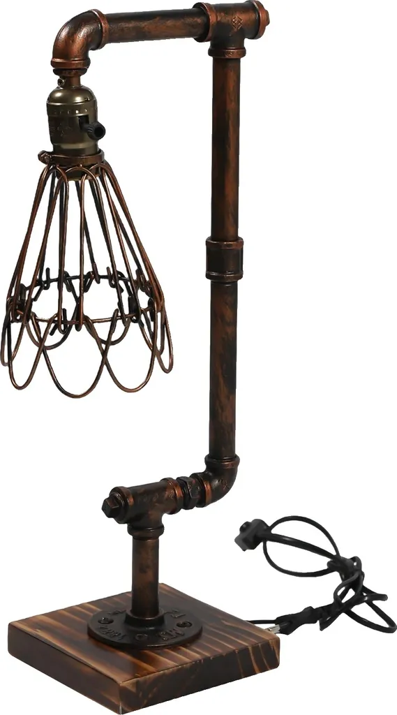 Lampe artisanale bois et fer douille E27 finition rouille blanc chaud
