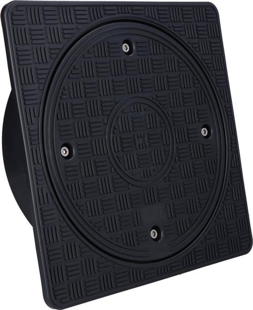 A black square manhole cover with a circular inset and textured surface.