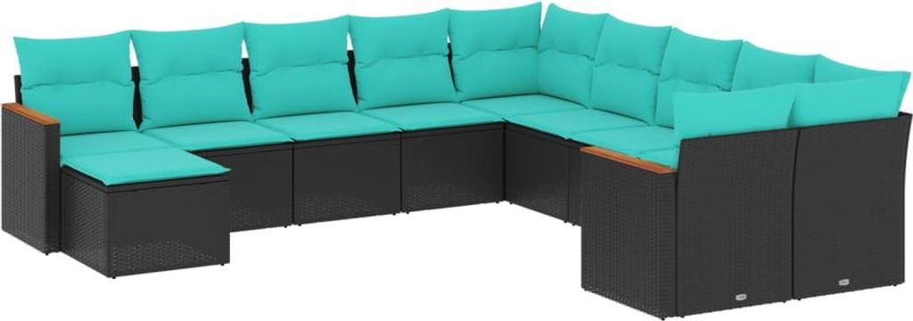 11-teiliges Gartensofa-Set mit Kissen, schwarzes Polyrattan