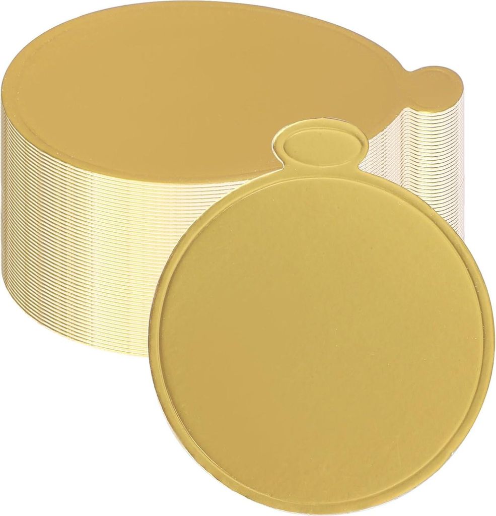 BOXOB 50 Stück Mini Tortenplatten, 8cm Runde Gold Mini Cupcake Untersetzer Dessert Präsentationsplatten Papier Teller für Mousse Desserts Gebäc...