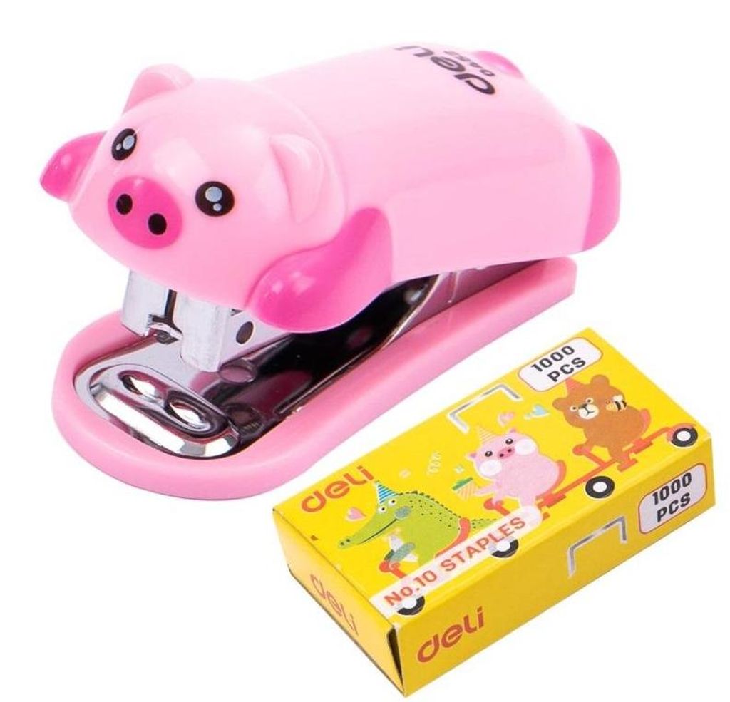 Heftgerät für bis zu 15 Blatt, 10 Heftklammern, rosa Schweinchen, DELI
