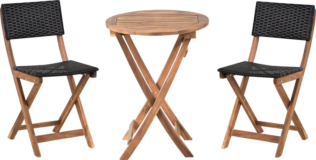 BELIANI Balkonset Braun Akazienholz u. Rattan 3-Teilig Runder Balkontisch mit 2 Stühlen Klappbar Rustikal Outdoor Balkon Terrasse Garten