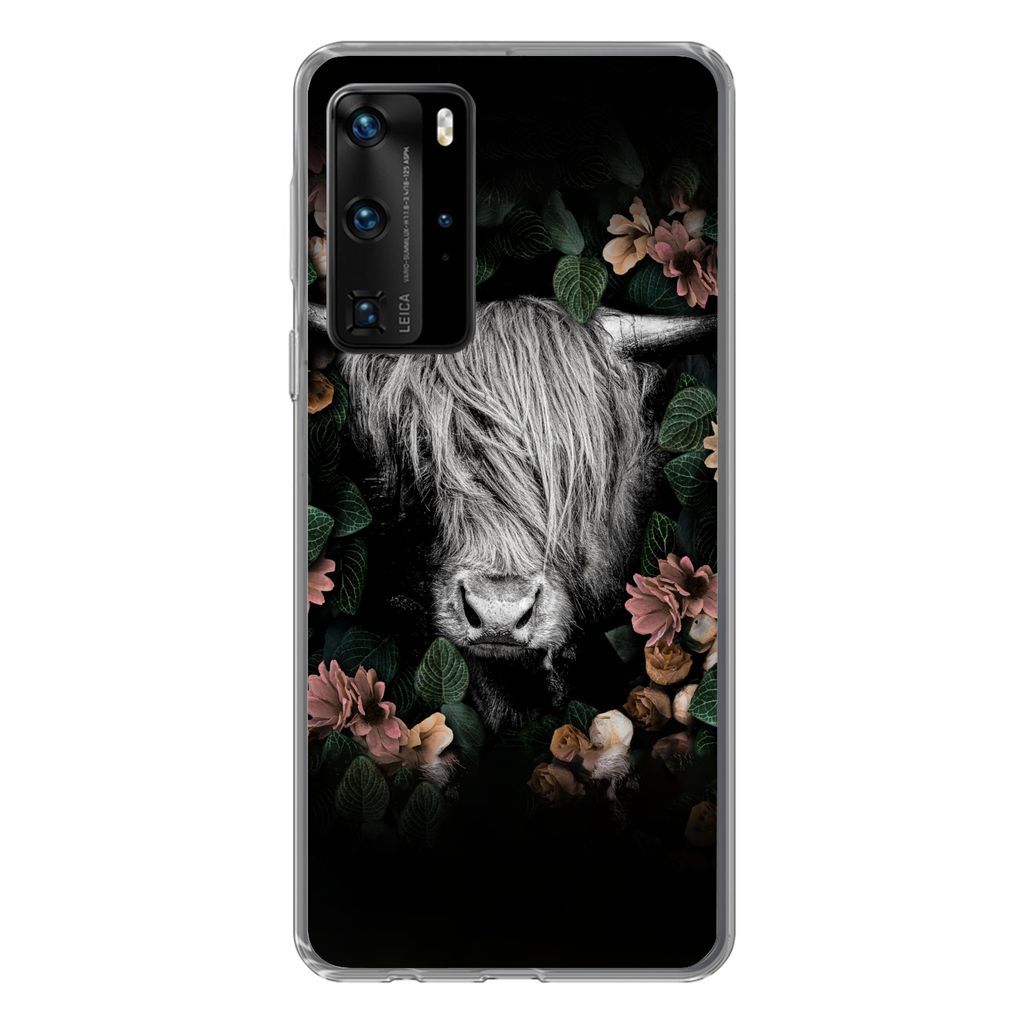MuchoWow Handyhülle Schutzhülle Hülle für Huawei P40 Pro Schottischer Highlander - Blumen - Rosa Silikon Softcase Handy Hülle - Schutz