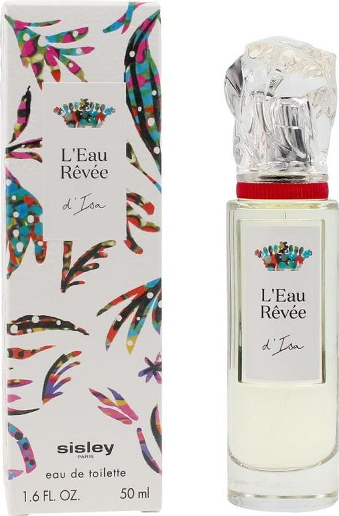 A perfume bottle and its packaging are displayed side-by-side against a white background. The packaging features a colorful, abstract floral pattern and the brand name "sisley". The perfume bottle is clear glass with a clear, faceted cap and a red band aro