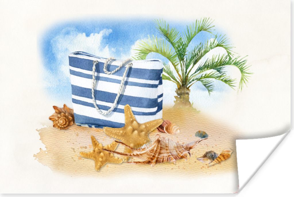 MuchoWow Poster Palme - Tasche - Muscheln 60x40 cm - Schlafzimmerdekoration