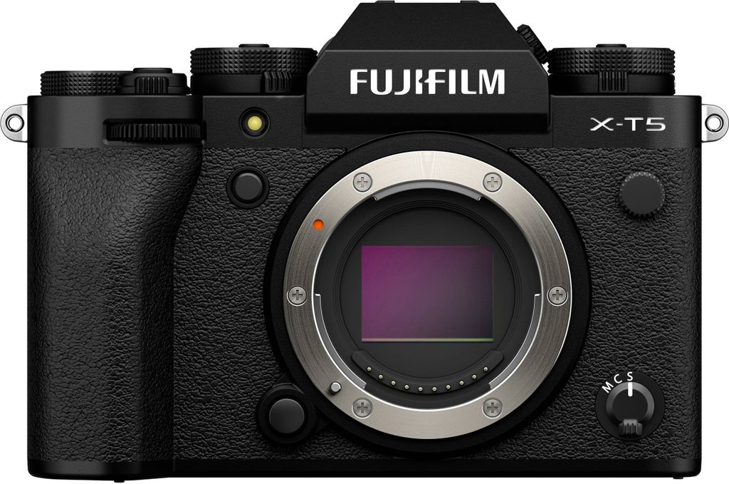 A front view of a black Fujifilm X-T5 camera against a white background.