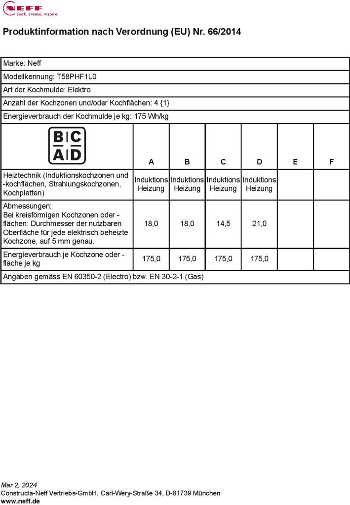 Neff T58PHF1L0 N70 Samostatná indukčná varná doska, Obrázok produktu 16