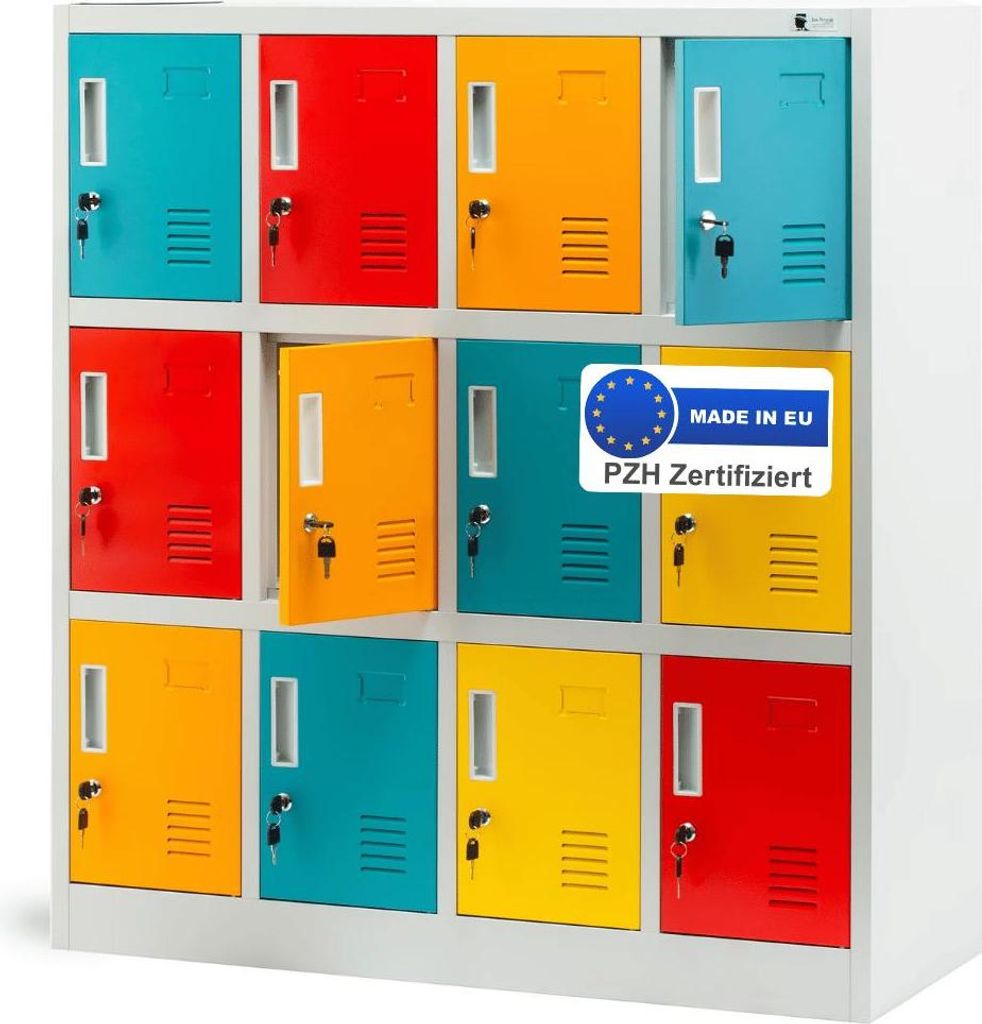 Schließfachschrank Spind für Kindergarten ANNA - 12 Fächer, Etikettenhalter | Umkleideschrank Metall Kleiderspind, 120x109x45cm Mehrfarbig