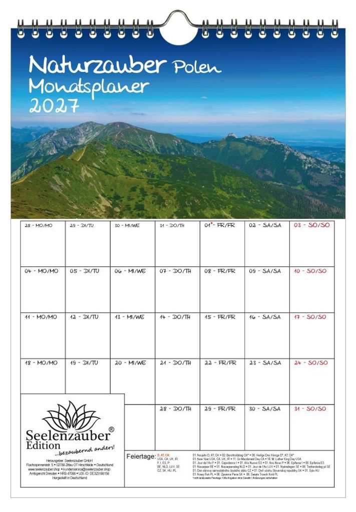 Naturzauber Polen Planer DIN A4 Kalender für 2027 Landschaft Natur Reise Strand Urlaub - Inhalt: 1x Kalender 1x Weihnachtsanhänger 1x Grußanhän...