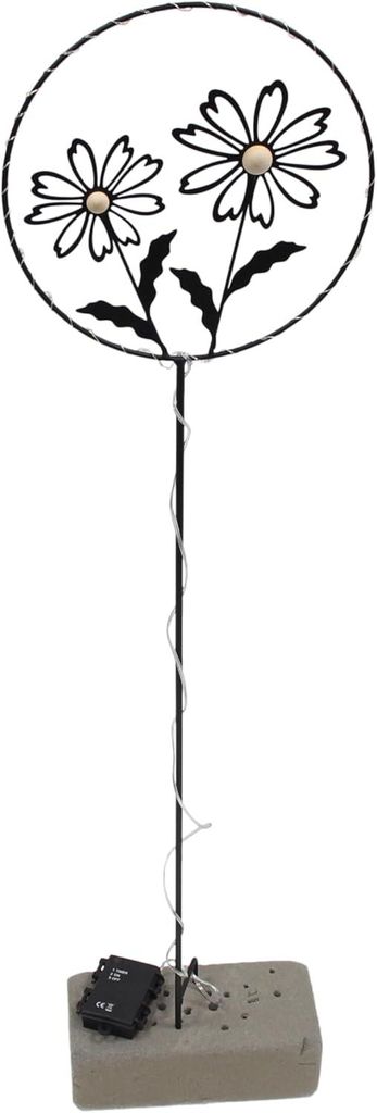 Gartenstecker "Blumen", Metall, mattschwarz, Holz, 22 warmweiße LEDs, Timerfunktion, batteriebetrieben, H 100 cm, einfache Selbstmontage, ohne Bat...