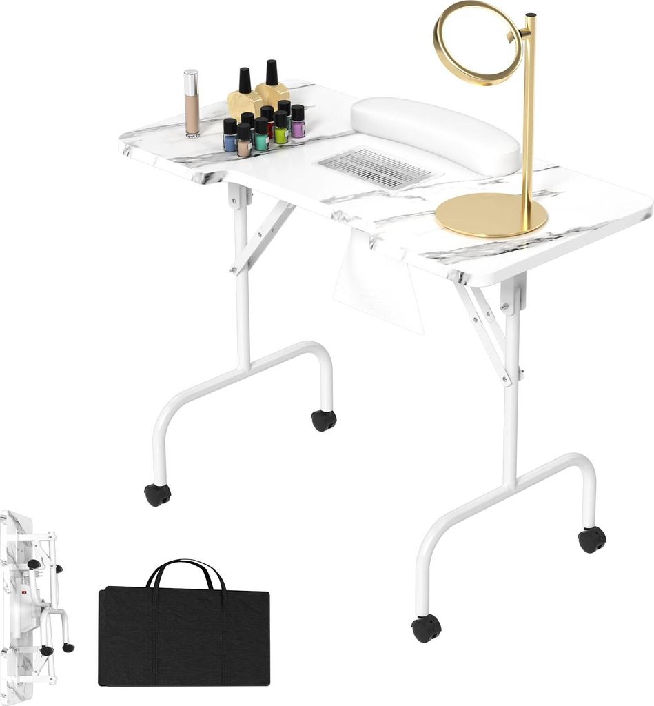YARDIN Faltbar Maniküretisch mit Absaugung und Rollen Tragbaresmanikürtisch Tragbarer Nageltisch Mobiler Maniküre Tisch, Weiße Maserung