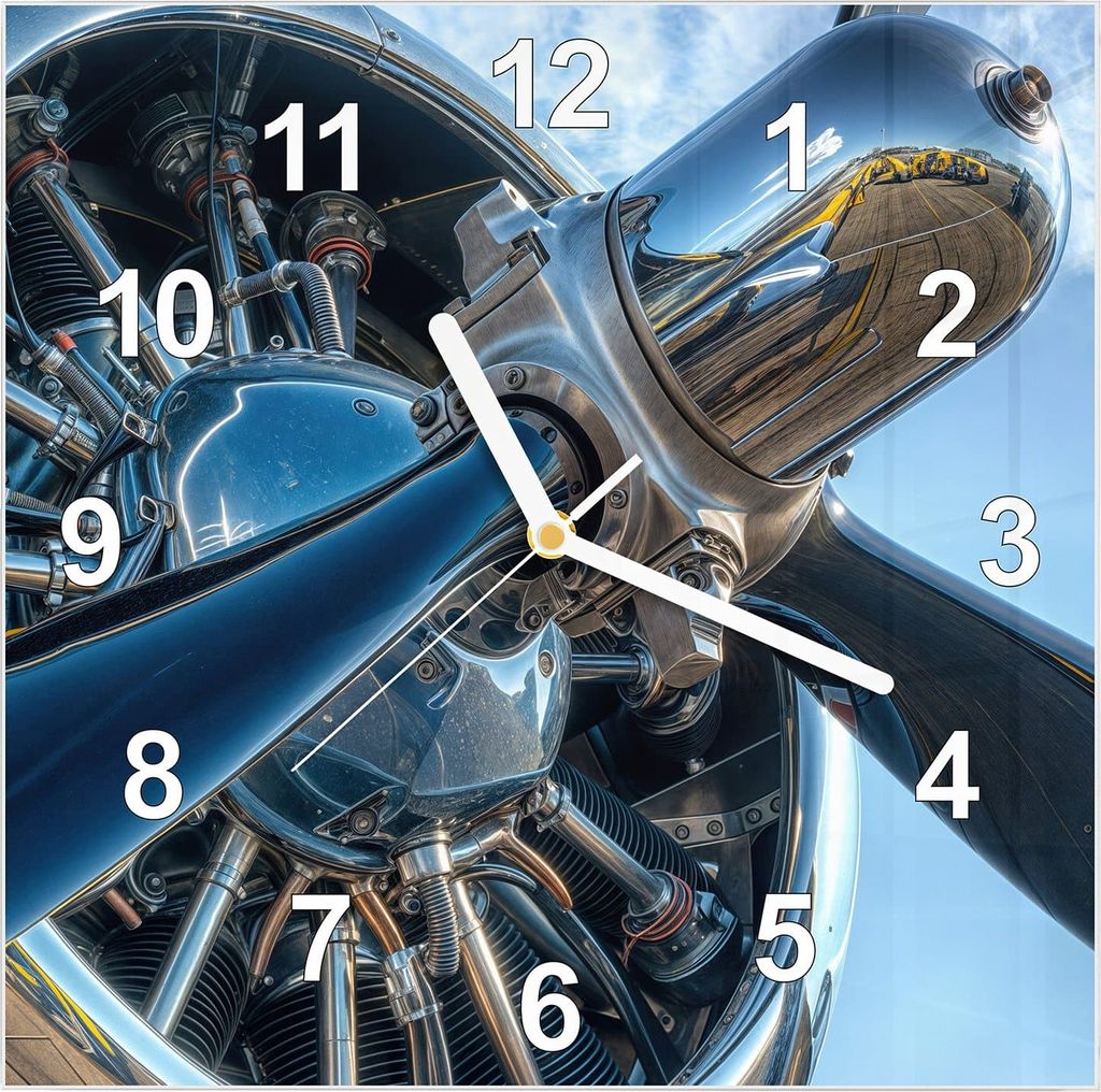Wanduhr aus Glas mit Motiv Flugzeugmotor- 30 x 30 cm - inkl. Aufhängesystem