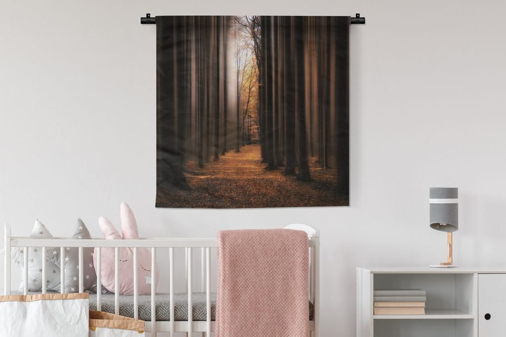 MuchoWow Wandteppich Wandbehang Waldweg - Bäume - Illusionen - Wald - Rot - Laub 90x90 cm Tapisserie Dekoration Wandtuch - Wandaufhänger