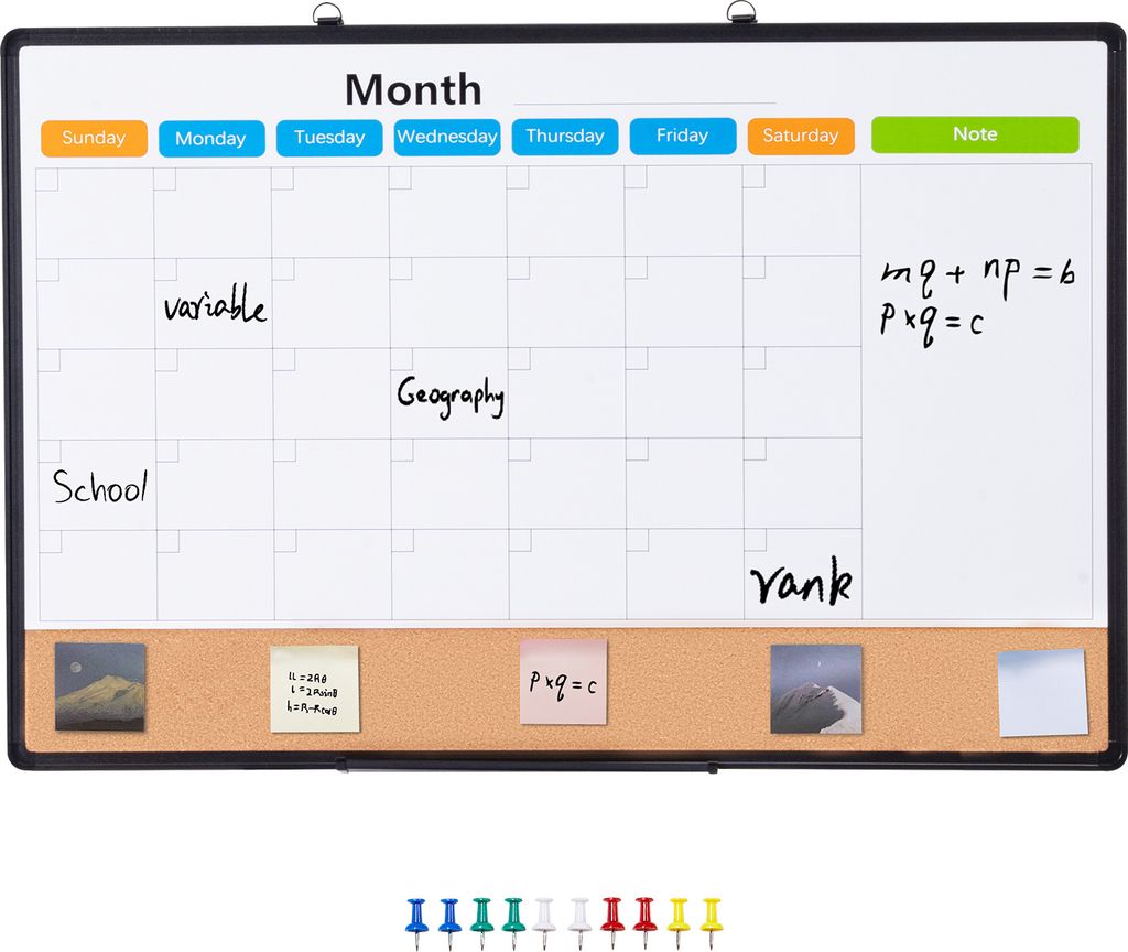 SucceBuy 36"x24" Monatskalender-Whiteboard & Korktafel-Kombination mit Aluminiumrahmen – 2-in-1-Magnettafel zum Trockenlöschen und Pinnwand für...
