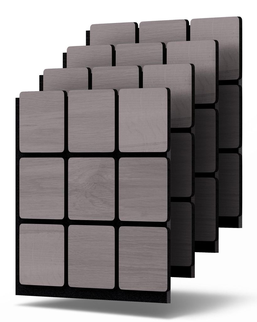 Dalsys 4x Akustikpaneele Holz 60x60cm mit 3D-Quadrat-Muster Grau - Wandpaneele Holz für Schallschutz in Arbeits- & Wohnräumen - Akustik Paneele W...