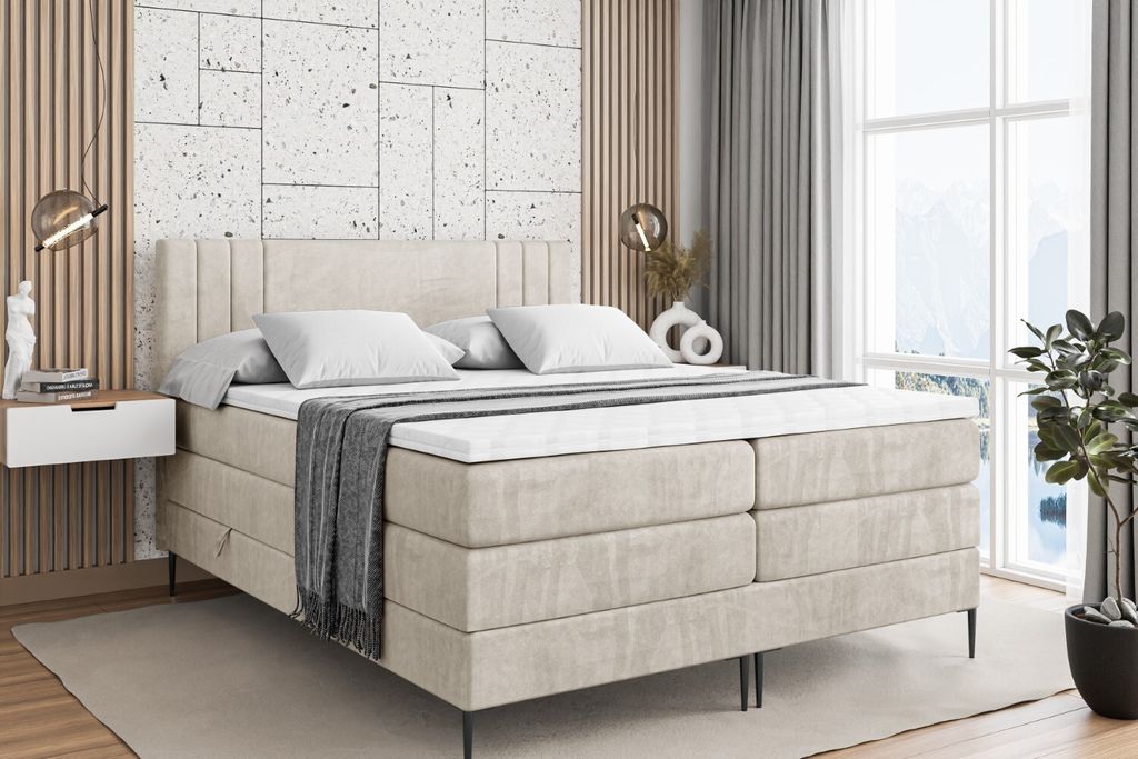 ALTDECOR Boxspringbett mit Schwarz Füßen, Matratze und Lattenrost, Topper, Polsterbett mit Bettkasten, Bett mit Stauraum H3- und H4- Matratze, Do...