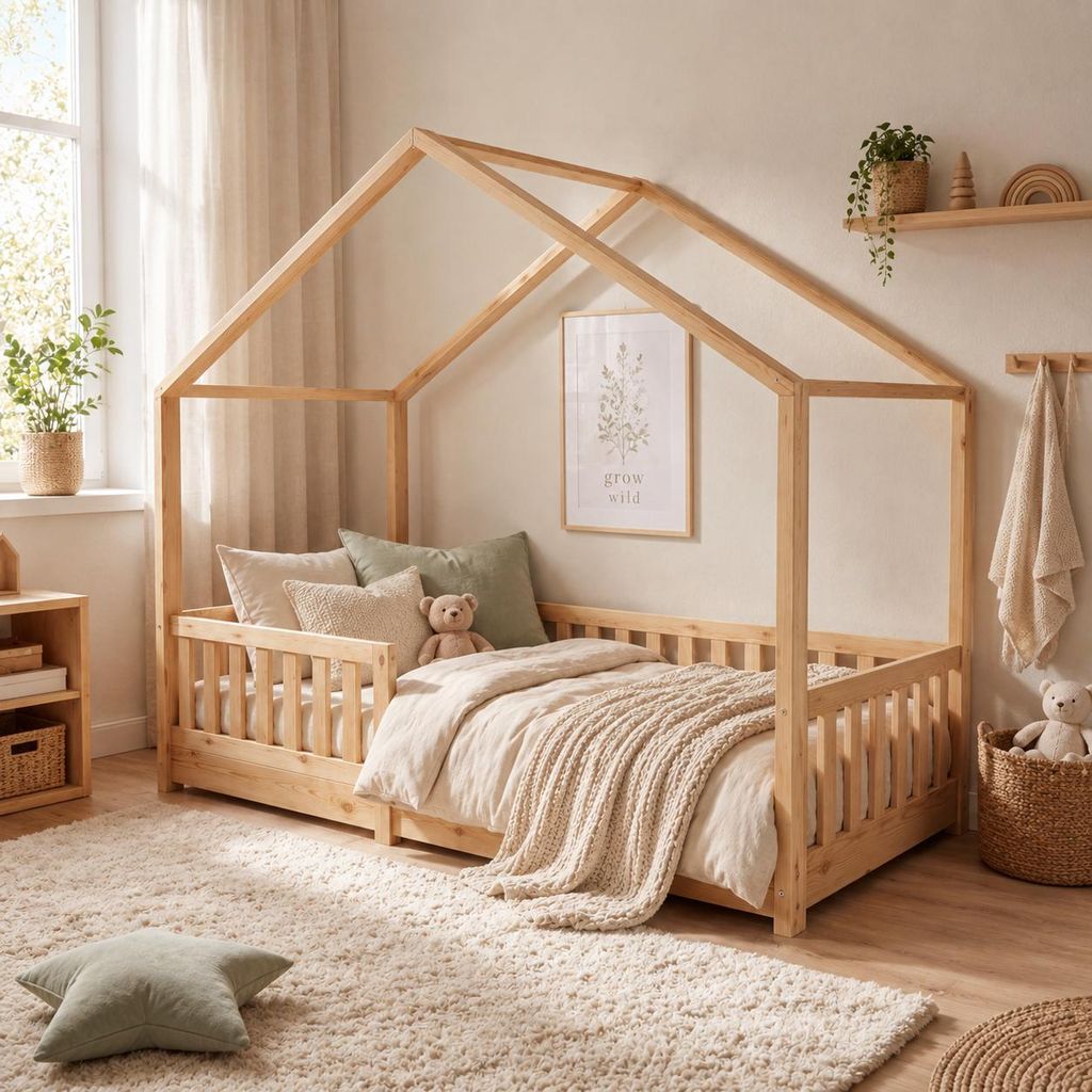 ecomi® Kinderbed 90x200 cm, huisbed met valbeveiliging en Productafbeelding 
