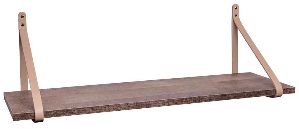 Étagère murale suspendue 60 cm aspect chêne rustique et sangles cuir